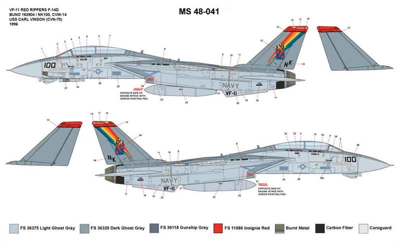 DECALS 1/48 MILSPEC 48041 F-14D VF-11 RED RIPPERS 1996