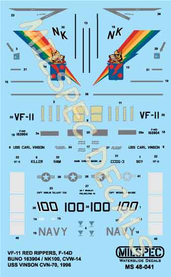 DECALS 1/48 MILSPEC 48041 F-14D VF-11 RED RIPPERS 1996